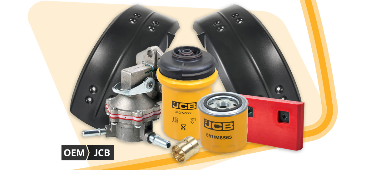 Range of genuine JCB telehandler parts on display, including filters, loader parts and steering components, representing the breadth of the genuine JCB telehandler parts offering available at Sparex.