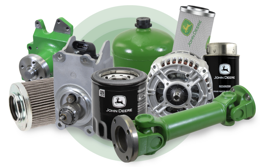 Range of genuine John Deere tractor parts on display, including filters, linkage components and brake parts, representing the breadth of our genuine parts offering.