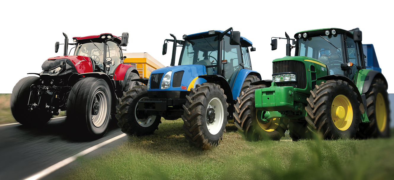 Multiple tractors and farm machines of different makes and models lined up, representing the wide range of equipment covered by the genuine parts offering available at Sparex
